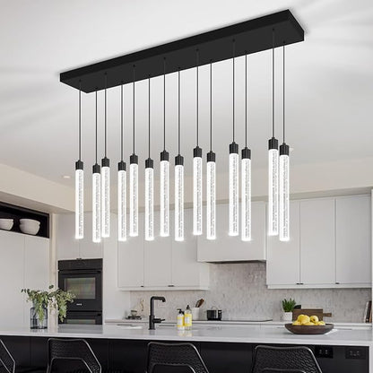 Modern Rectangular Crystal Chandelier for Dining Room LED Dimmable Pendant Light Kitchen Island Entrance Foyer Living Room Adjustable Height 14-Lights Black