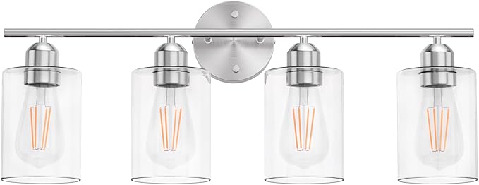 Bathroom Vanity Light Fixtures Brushed Nickel,4 Lights Rustic Farmhouse Vanity Bar Lighting Over Mirror Modern Industrial Wall Sconces Lamp with Cylinder Glass Shade