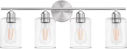 Bathroom Vanity Light Fixtures Brushed Nickel,4 Lights Rustic Farmhouse Vanity Bar Lighting Over Mirror Modern Industrial Wall Sconces Lamp with Cylinder Glass Shade