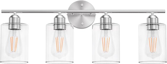 Bathroom Vanity Light Fixtures Brushed Nickel,4 Lights Rustic Farmhouse Vanity Bar Lighting Over Mirror Modern Industrial Wall Sconces Lamp with Cylinder Glass Shade