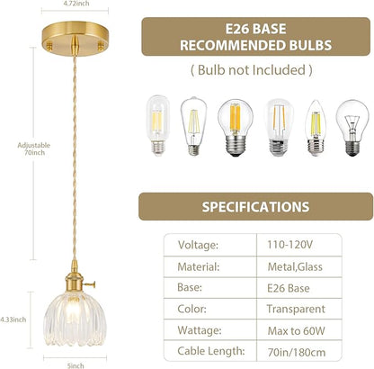 Mini Pendant Lights Kitchen island 3 Pack, Small Adjustable Pendant Light Fixture with Transparent Tulip Glass Lampshade, Vintage Gold Pendant Lighting, Pendant Light for Bedroom Dining Room Hallway