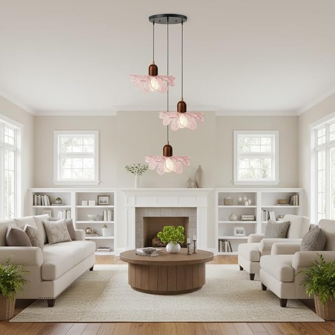 3-Light Pink Flower Glass Pendant Light, Mid-Century Modern Chandelier, Adjustable Hanging Ceiling Light Fixture for Dining Room, Kitchen Island, Bedroom, Living Room, Restaurant, Cafe