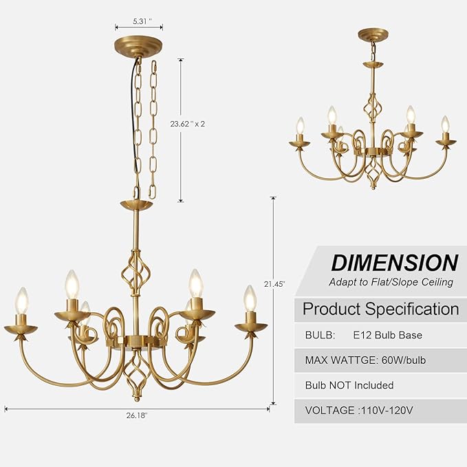 Modern Gold Chandelier for Dining Room 6 Lights Candle Chandelier Light Fixtures 26" Hanging Pendant Light Rustic Industria Chandeliers for Farmhouse Living Room Bedroom Foyer Entryway