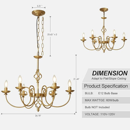 Modern Gold Chandelier for Dining Room 6 Lights Candle Chandelier Light Fixtures 26" Hanging Pendant Light Rustic Industria Chandeliers for Farmhouse Living Room Bedroom Foyer Entryway