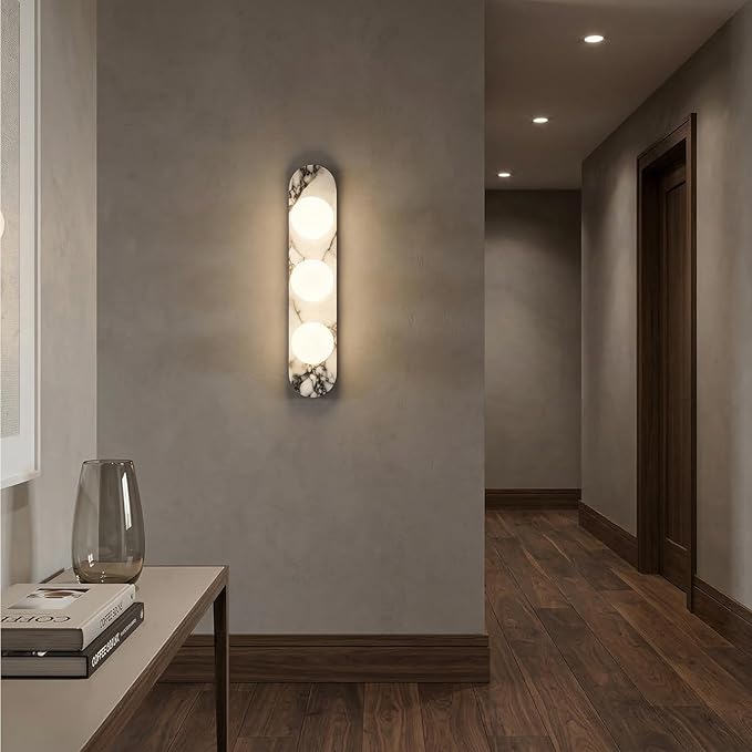 Natural Marble Wall Sconces, 3-Light Alabaster Light, Hardwired Wall Light Fixtures, Modern Wall Mount Wall Lights for Dining Room Stairs Bedroom