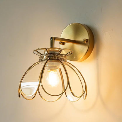 Vintage Brass Ceiling Pendant Light with Stained Lotus Flower Clear Glass Shade, Oriental Hanging Lamp or Wall Sconces Dual-Purpose, for Kitchen Island Dining Room Bedroom Living Room-7.9" Shade
