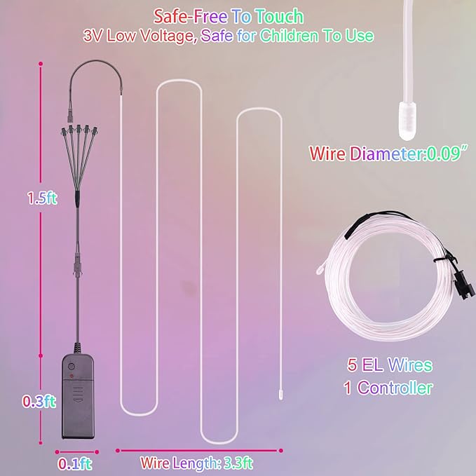 EL Wire 5in1 Portable Neon Rope Lights Strip Wearable Battery Pack Body Lights-360°Illumination Super Bright Cuttable DIY Halloween Christmas Festival Party Game Room Cosplay Costume(Ice Blue 1M)