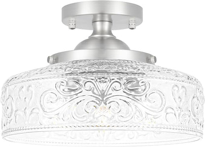 Brushed Nickel Semi Flush Mount Ceiling Light, 3-Light Close to Ceiling Light, Flush Mount Ceiling Lighting with Globe Glass, Farmhouse Closet Fixtures for Hallway Bedroom Entryway Kitchen Porch,E12