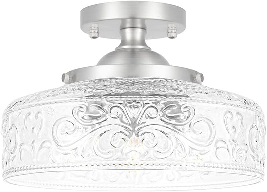 Brushed Nickel Semi Flush Mount Ceiling Light, 3-Light Close to Ceiling Light, Flush Mount Ceiling Lighting with Globe Glass, Farmhouse Closet Fixtures for Hallway Bedroom Entryway Kitchen Porch,E12