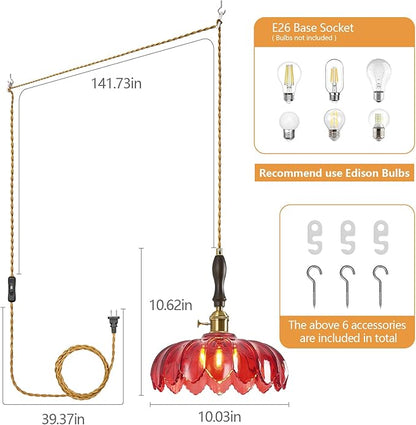 Modern Red Plug in Glass Pendant Light Retro Flower Glass Hanging Lamp Gold Brass Decorative Adjustable Ceiling Hanging Light Suitable for Kitchen Island Bedroom Dining Room Living Room