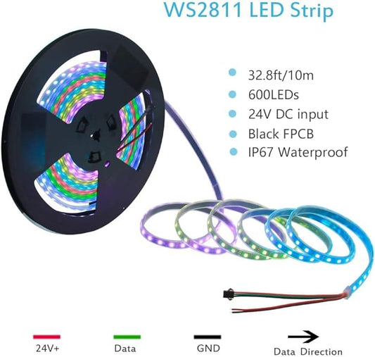 ALITOVE 32.8ft Addressable RGB LED Strip Light WS2811 Dream Color Digital Programmable Flexible LED Pixel Light 24V 10m 600 LEDs 5050 SMD Waterproof IP67 Black PCB for Raspberry Pi DIY Project