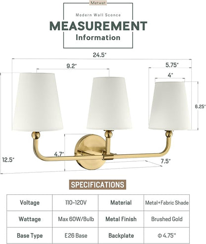 Bathroom Light Fixtures, Brushed Gold Vanity Lights with Beige Fabric Shade, 3-Light Wall Sconce, Modern Sconces Wall Lighting for Hallway Bedroom, VL837-BG-B-3