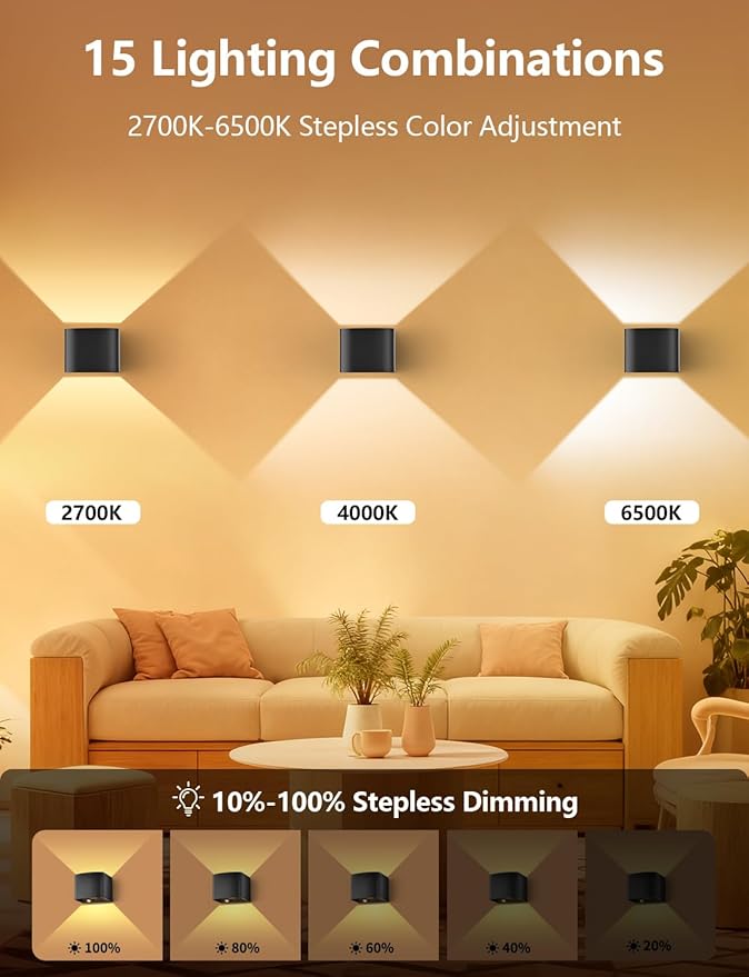 Rechargeable Motion Sensor Wall Light, Black 6000mAh LED Wireless Sconces with Remote Control, 10-100% Dimmable 2700K-6500K, Adjustable Beam Angle, Battery Operated, 3 Modes for Indoor Bedroom, 2-Pack