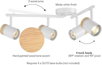GLOBE Electric 64000165 28" 4-Light Foldable Track Lighting, Matte White, Hand Painted Wood-Tone Accent Detail, Pivoting Track Heads, Ceiling Light, Home Improvement