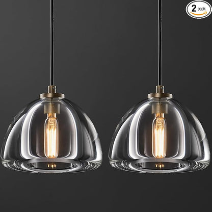 Crystal Pendant Light Kitchen Island: Set of 2 Vintage Brass Hanging Lights above Dining Table - 7" K9 Crystals Lighting over Kitchen Sink - Luxury Cylinder Pendants Light Fixtures Bulbs Included