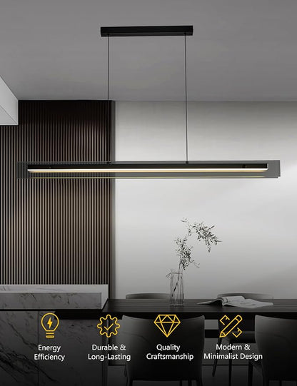 Glass Modern Black Linear Pendant Light - LED Hanging Kitchen Island Lights, Adjustable Dimmable Ceiling Fixtures, Minimalist Chandelier for Dining Room, Bar (51.1")
