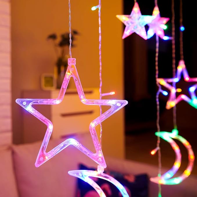 Star Moon Curtain Lights 138 LED, 7.5ft USB Powered Fairy String Lights with 8 Modes, Colorful (Pink Purple Green Warm White) Window Hanging Lights for Bedroom Kids Room Ramadan Eid Party Decor