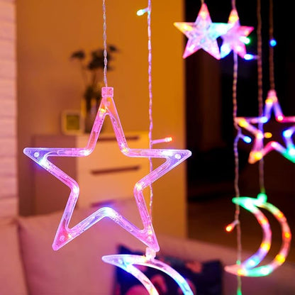 Star Moon Curtain Lights 138 LED, 7.5ft USB Powered Fairy String Lights with 8 Modes, Colorful (Pink Purple Green Warm White) Window Hanging Lights for Bedroom Kids Room Ramadan Eid Party Decor