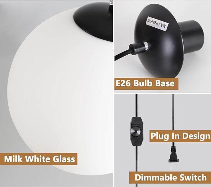 Plug in Globe Pendant Light, 10" Mid Century Modern Hanging Lamp with Switch, Black Globe Chandelier with Milk Glass for Bedroom Bedside, Couch Side, Coffee Corner, Entryway and Small Bar