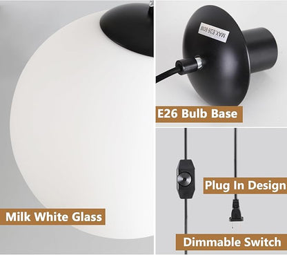Plug in Globe Pendant Light, 10" Mid Century Modern Hanging Lamp with Switch, Black Globe Chandelier with Milk Glass for Bedroom Bedside, Couch Side, Coffee Corner, Entryway and Small Bar