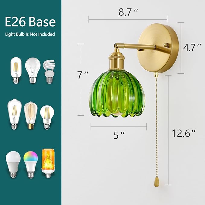 Vintage Wall Sconces with Pullswitch, 180 Degree Adjustable, Hradwired Modern Wall Lighting Fixture with Green Tulip Glass Lampshade for Bedroom Bedside Bathroom