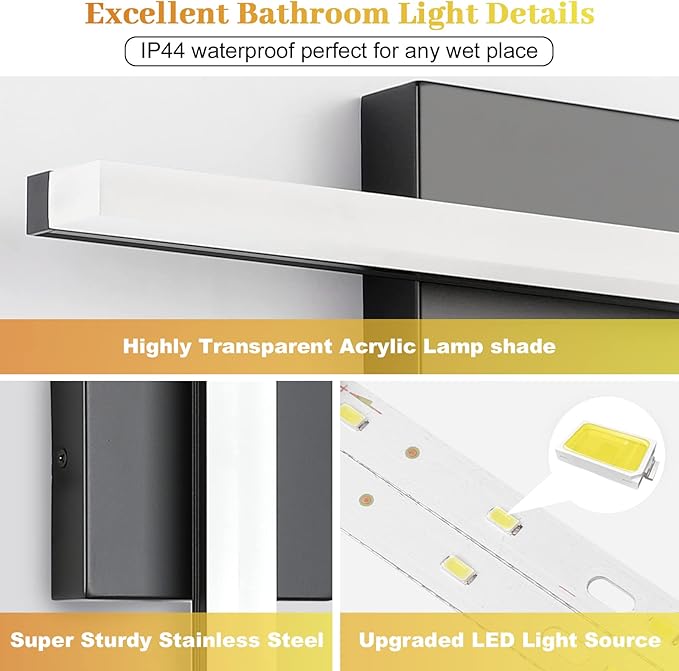 Combuh 2 PackLED Bathroom Vanity Light Bar 16 Inch 9W Black IP44 Over Mirror Lighting Fixture Wall Sconces Indoor Modern Cool White 6000K