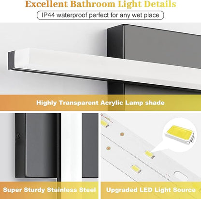 Combuh 2 PackLED Bathroom Vanity Light Bar 16 Inch 9W Black IP44 Over Mirror Lighting Fixture Wall Sconces Indoor Modern Cool White 6000K