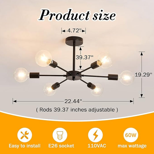 UOFUS Sputnik 6 Light Chandelier Black Mid Century Ceiling Light Fixture Modern Pendant Lighting for Kitchen Dining Room Living Room Bedroom