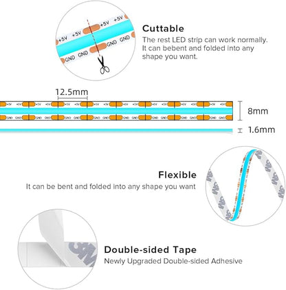 BTF-LIGHTING FCOB COB FOB LED Strip Lights 5V USB Powered 9.8FT 960LEDs Ice Blue 8mm Width Dimmable CRI 90+ with 3M Tape Flexible High Density for 3D Printer TV Backlight PC DIY Decor