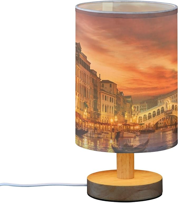Italy Sunset Venice Cityscape Table Lamp with Wood Base Fabric Lamp Shade Bedside Nightstand Desk Lamp for Living Room Bedroom Kids Room Office