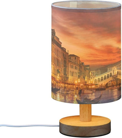 Italy Sunset Venice Cityscape Table Lamp with Wood Base Fabric Lamp Shade Bedside Nightstand Desk Lamp for Living Room Bedroom Kids Room Office