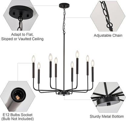 Modern Black Chandelier for Dining Room,Metal 8-Light Kitchen Light Fixtures, Farmhouse Candle Hanging Pendant Light for Living Room Entryway Foyer Bedroom (Bulbs Not Included)