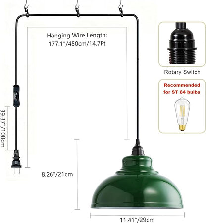 XZHGCEE Plug in Pendant Light: Green Hanging Lamp Plug in, 14.7ft Swag Lamp Cord with On/Off Switch for Kitchen Island/Dining Room/Bedroom/Living Room Hanging Light, No Bulb