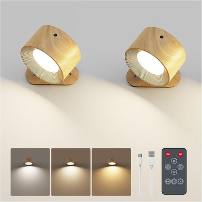 Kitloo LED Wall Sconces, Rechargeable Wall Mounted Lamps w/Remote, 360°Magnetic Rotating Wall Lights 3 Color Temps & Touch Control, Dimmable Cordless Lights for Study Bedside Bedroom Hallway 2 Pack