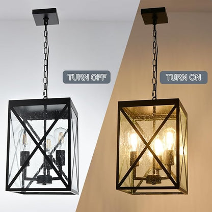 TODOLUZ Large Outdoor Pendant Light, Black Exterior Ceiling Porch Light with Seeded Glass Panel, Outdoor Chandelier Hanging Lantern for Garage Entryway Patio Front Door