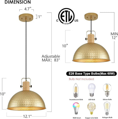 12 Inch Gold Pendant Lights Hammered Matte Pendant Lights for Kitchen Island Industrial Farmhouse Adjustable Height Dome Hanging Light Fixtures for Barn, Dining Room 2 Packs