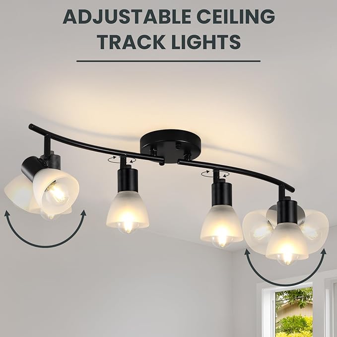 KEESFU 4 Light Track Lighting Fixtures Ceiling Kit,Adjustable Kitchen Ceiling Light with Glass Shade,Modern Black Track Light for Kitchen Over Sink Bedroom Hallway Living Room,E12base
