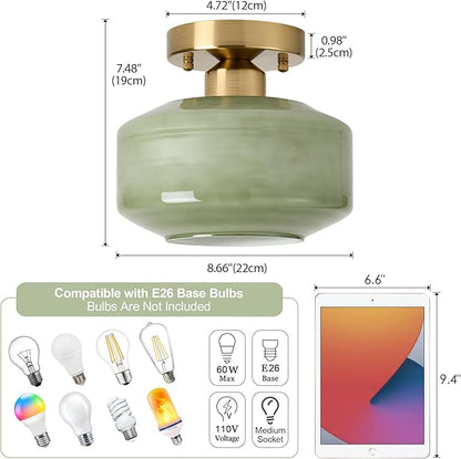 BISAMIYA Modern Semi Flush Mount Ceiling Light, 8.66" Olive Green Milk Glass Shade, Brass Finish Ceiling Light Fixture for Entryway, Hallway, Kitchen, Cafe, Bar