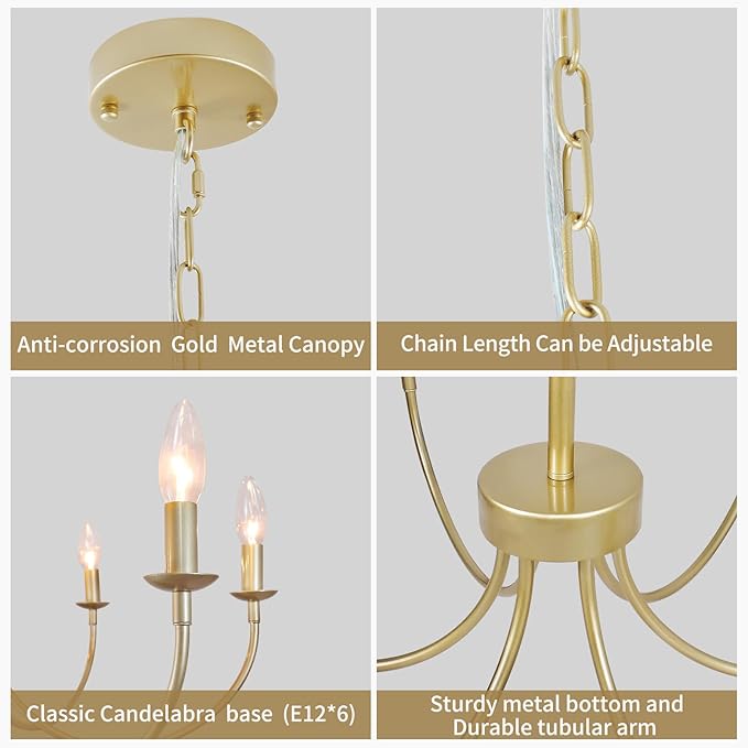 Modern Gold Chandelier, 6-Light Metal Farmhouse Dining Room Light Fixture, Candle Chandelier Light Fixtures Rustic Industrial Modern Chandelier for Bedroom, Foyer, Living Room
