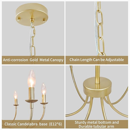 Modern Gold Chandelier, 6-Light Metal Farmhouse Dining Room Light Fixture, Candle Chandelier Light Fixtures Rustic Industrial Modern Chandelier for Bedroom, Foyer, Living Room