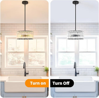 Black 3 Light Crystal Chandelier, Modern Dining Room Light Fixture over Table, Round Kitchen Lighting Fixture, Farmhouse Semi Flush Mount Ceiling Pendant Light for Living Room Bedroom Hallway Entryway