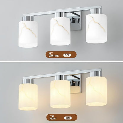 3-Light Bathroom Light Fixtures, Modern Vanity Lights, Chrome Metal Wall Lamp with White Marble Glass for Bathroom, Mirror, Living Room, Bedroom, Cabinet, Porch, Hallway, E26 Base