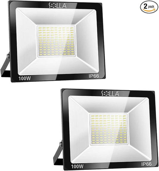 2 Pack 100W LED Flood Light Outdoor, 8000LM Super Bright Security Lights, 550W Equivalent, IP66 Waterproof, 3000K Warm White, Outside Floodlight for Garage, Garden, Lawn and Yard
