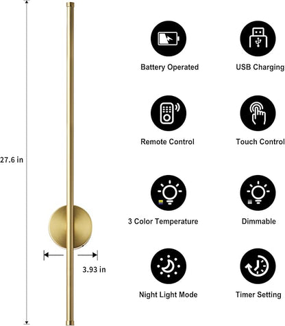 Battery Operated Modern Wall Sconces, Dimmable Wireless Wall Light Set of Two with Remote Control, 3 Color Temperatures, Rechargeable LED Wall Sconce for Bedroom, Living Room, Hallway, 27.6 Inch Brass