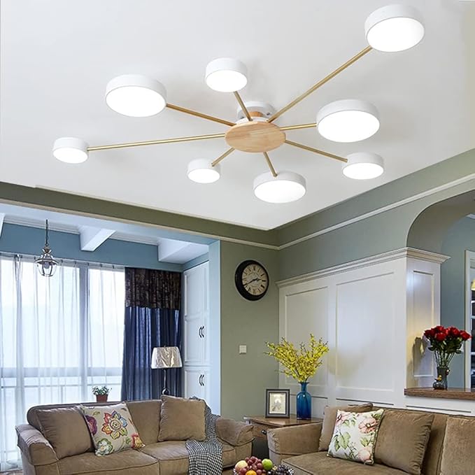 8-Lights LED Dimmable Ceiling Light Fixture,48 Inch Modern Ceiling Lights Flush Mount Wooden 64W Chandelier for Living Room Bedroom Kitchen,3000K/4000K/6000K White