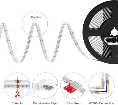 BTF-LIGHTING FCOB COB RGBCCT Color Changing LED Strip,UL Listed 840LED/m High Density 16.4FT RGB+Tunable White 3000K-6000K DC12V 12mm Width Flexible Light for Home Decor(No Adapter or Controller)