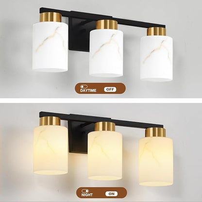 3-Light Bathroom Light Fixtures, Modern Vanity Lights, Black and Gold Metal Wall Lamp with White Marble Glass for Bathroom, Mirror, Living Room, Bedroom, Cabinet, Porch, Hallway, E26 Base