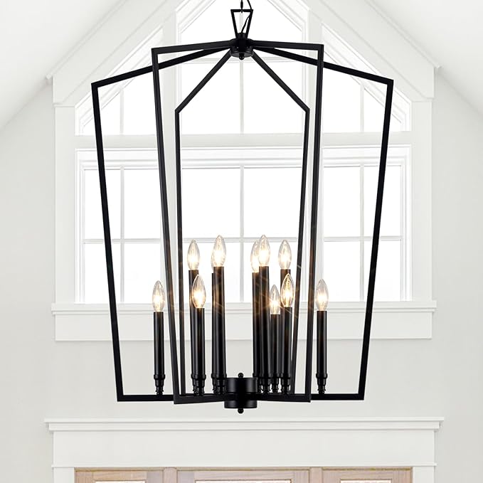 Vezzio 12-Light Large Black Chandelier, D30 Inch Modern Industrial Farmhouse Lantern Pendant Light for High Ceiling Entryway, Foyer, Dining Room，Kitchen Island，Hallway，Staircase
