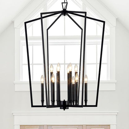 Vezzio 12-Light Large Black Chandelier, D30 Inch Modern Industrial Farmhouse Lantern Pendant Light for High Ceiling Entryway, Foyer, Dining Room，Kitchen Island，Hallway，Staircase