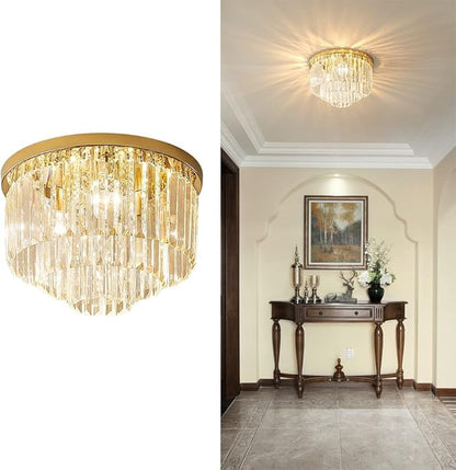 Modern French Gold Crystal Chandelier Ceiling Light,16" Semi Flush Mount 5-Lights 3-Tier Crystal Round Chandelier Light for Bedroom Living Room